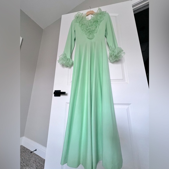 Vintage mint green dramatic chiffon ruffle maxi dress evening cocktail - Picture 3 of 8